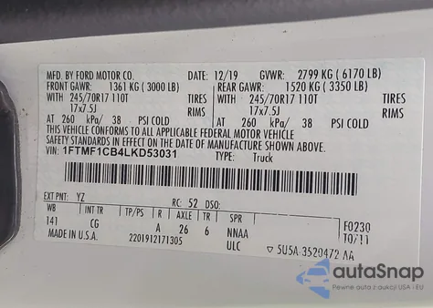 2020 Ford F-150 Xl from USA, damaged, VIN 1FTMF1CB4LKD53031